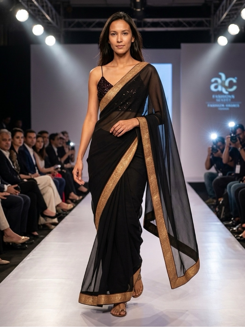 Black & Red Sequin Spaghetti-Strap Saree with Gold Trim